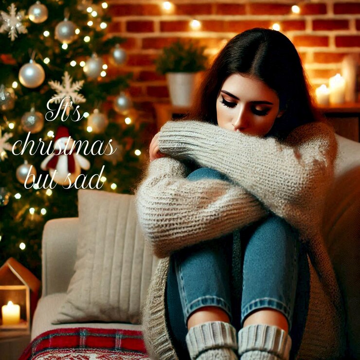 PSD una mujer triste con un suéter que dice navidad en él