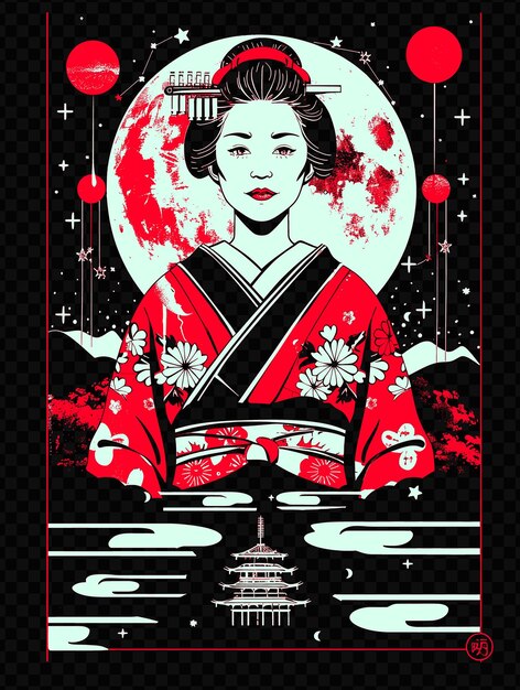 Mujer con una túnica tradicional japonesa luna y estrellas en el b psd diseño artístico concept banner