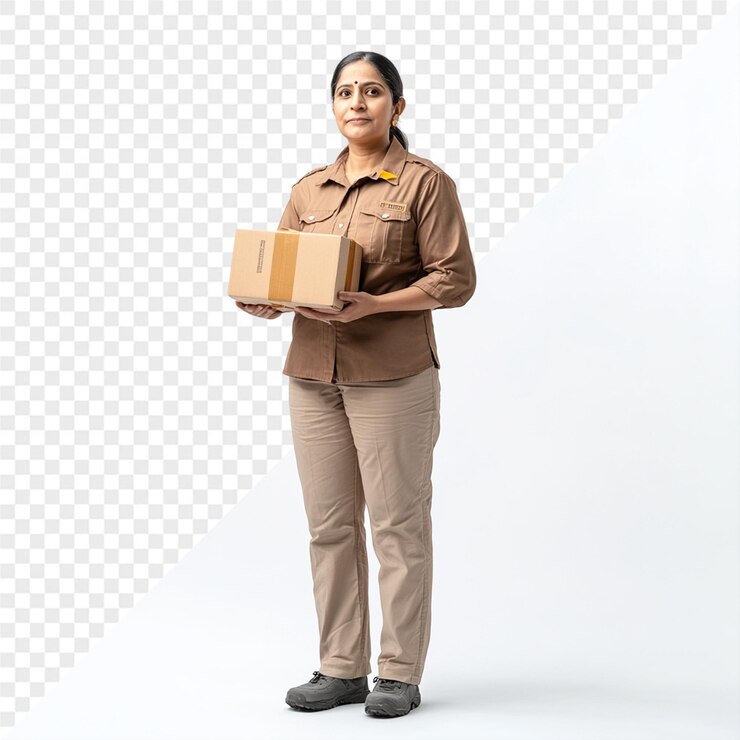PSD una mujer en uniforme con una caja que dice "la está sosteniendo"