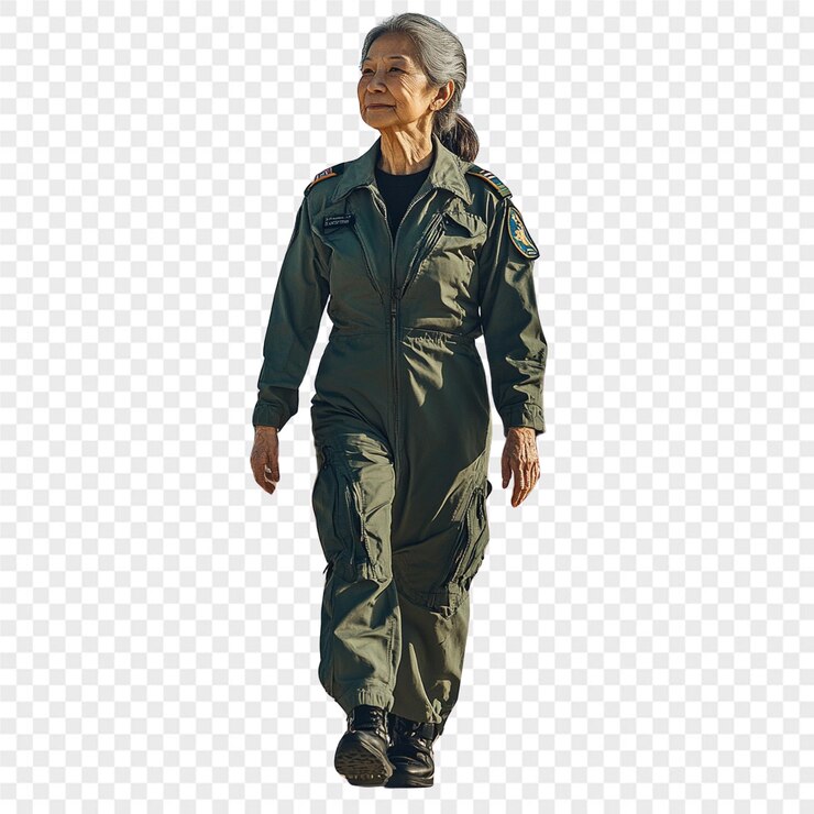 PSD una mujer en uniforme militar camina sobre un fondo transparente