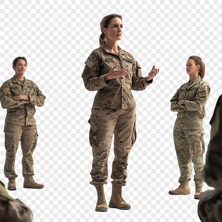PSD una mujer en uniforme militar está de pie frente a una foto de una mujer en uniformía militar
