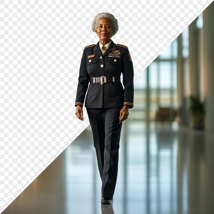PSD una mujer en uniforme militar de pie frente a una imagen de una mujer