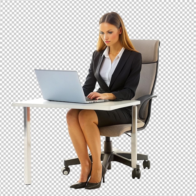 PSD una mujer usa una computadora portátil en un fondo transparente