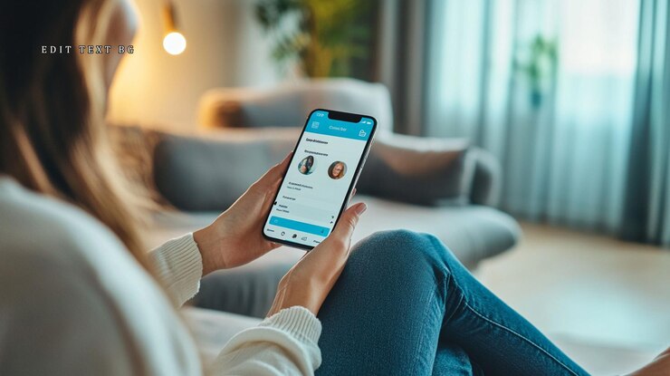 PSD mujer usando una aplicación de citas en su teléfono inteligente en casa