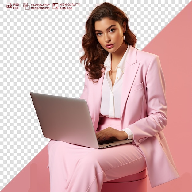 PSD una mujer usando una computadora portátil en un fondo transparente jpg y png