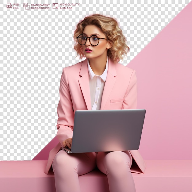 PSD una mujer usando una computadora portátil en un fondo transparente jpg y png