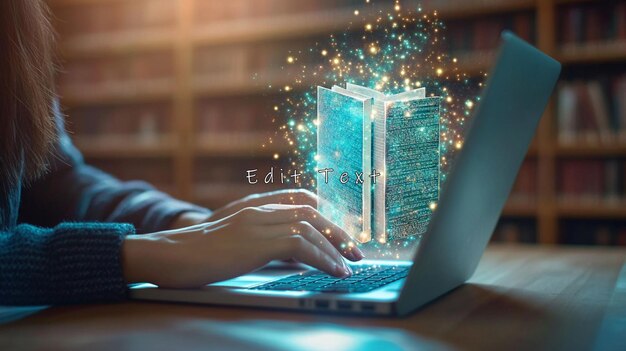 Mujer usando una computadora portátil libro digital emergente