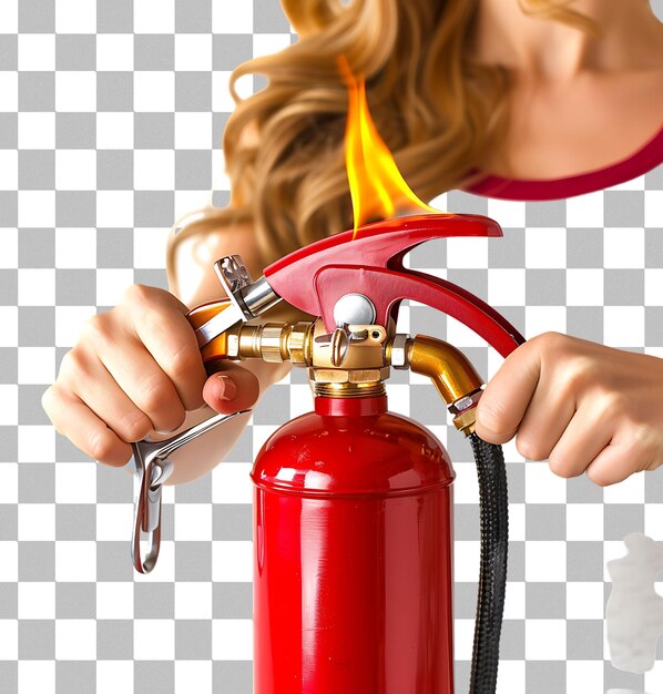 Mujer usando un extintor de incendios en un fondo transparente