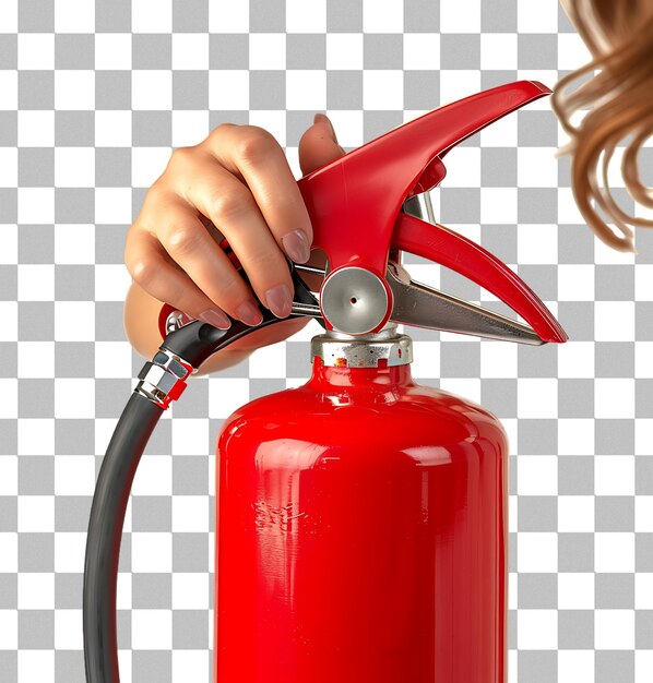 Mujer usando un extintor de incendios en un fondo transparente
