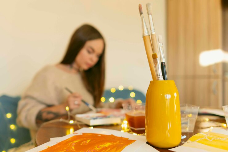 PSD mujer usando maqueta de suministros de pintura de acuarela