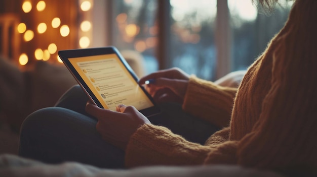 Mujer usando tableta digital en el interior con iluminación cálida