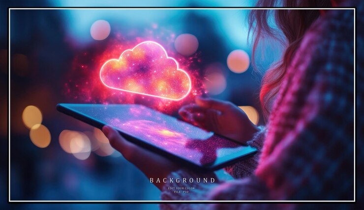 PSD mujer usando una tableta con un símbolo de nube brillante por encima que representa el concepto de computación en la nube