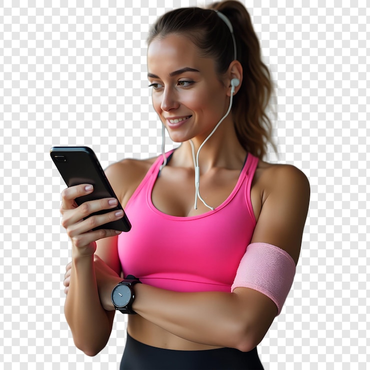 PSD mujer usando el teléfono en el gimnasio