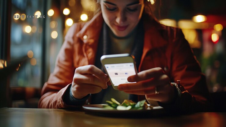 PSD mujer usando un teléfono inteligente en una cafetería con comida en la mesa