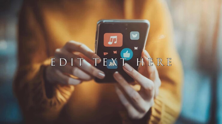 PSD mujer usando teléfono inteligente con redes sociales y aplicaciones musicales