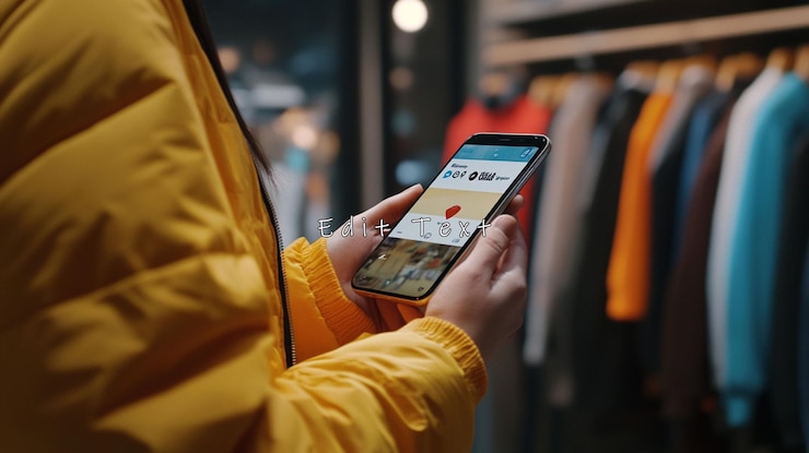 PSD mujer usando un teléfono inteligente en una tienda de ropa