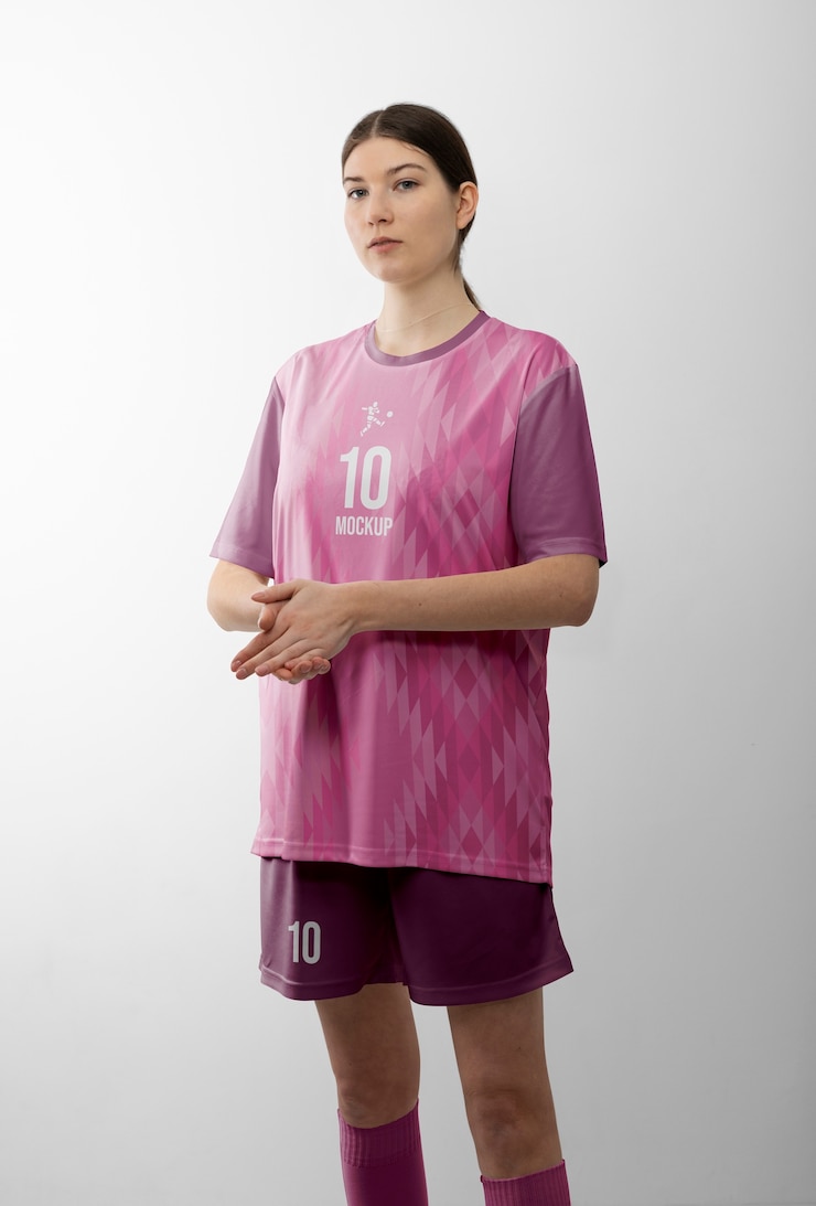 PSD mujer vestida con kit de maqueta de fútbol.