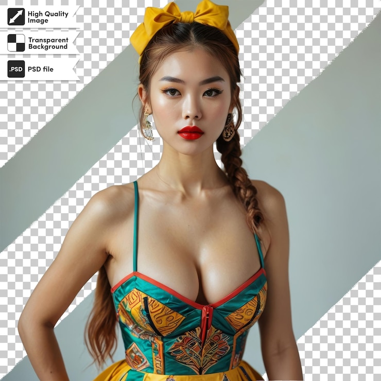 PSD una mujer en un vestido amarillo con un lazo amarillo en su cabello