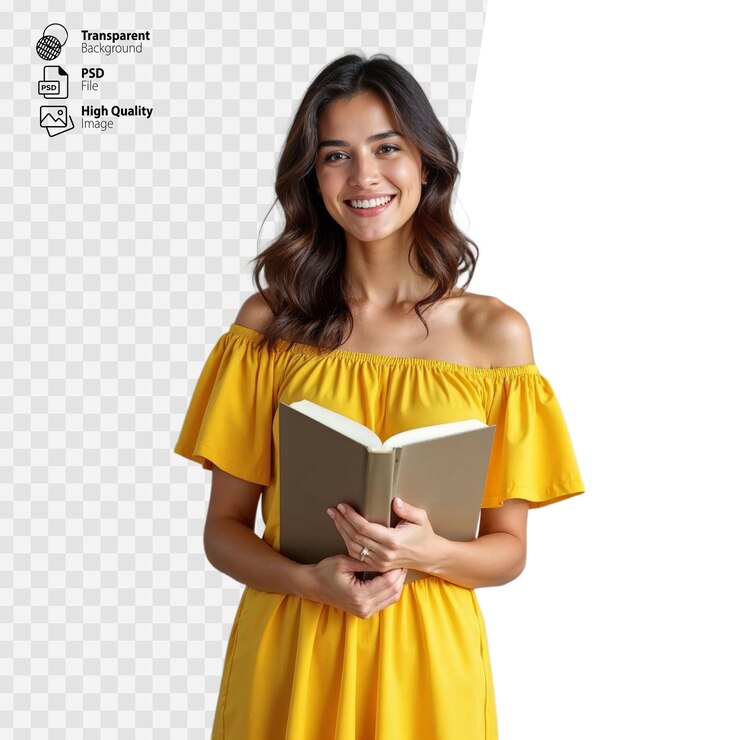 PSD una mujer con un vestido amarillo sonríe mientras sostiene un libro abierto