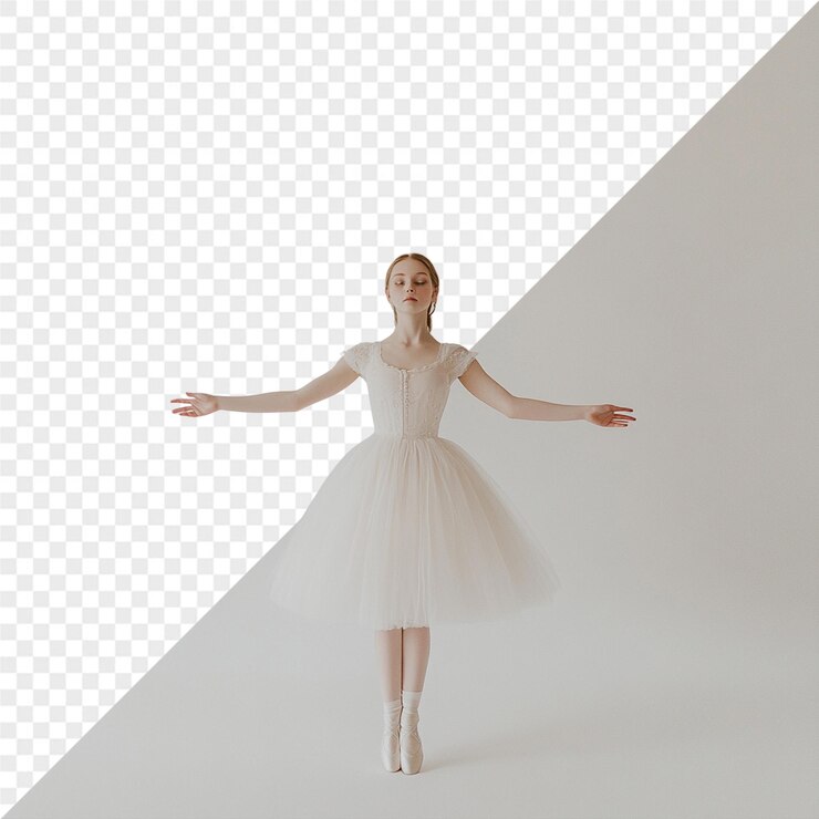 PSD una mujer con un vestido blanco con los brazos extendidos frente a un fondo blanco