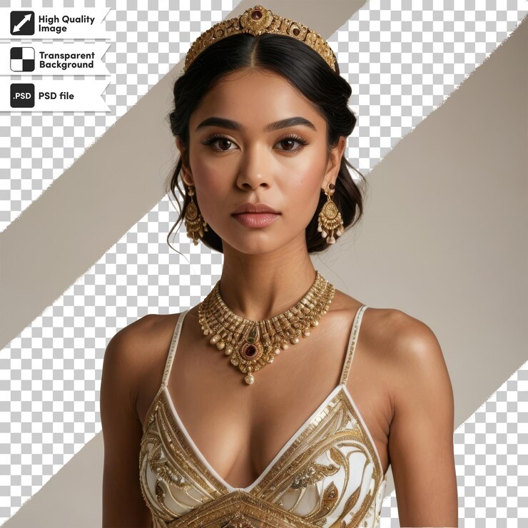 PSD una mujer con un vestido dorado con un fondo negro con un logotipo para la marca del nombre de la marca