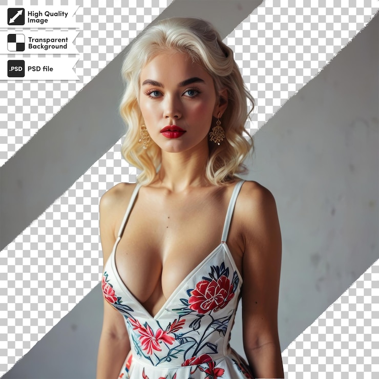 PSD una mujer en un vestido floral se muestra con una imagen de una mujer rubia en un vestidito floral