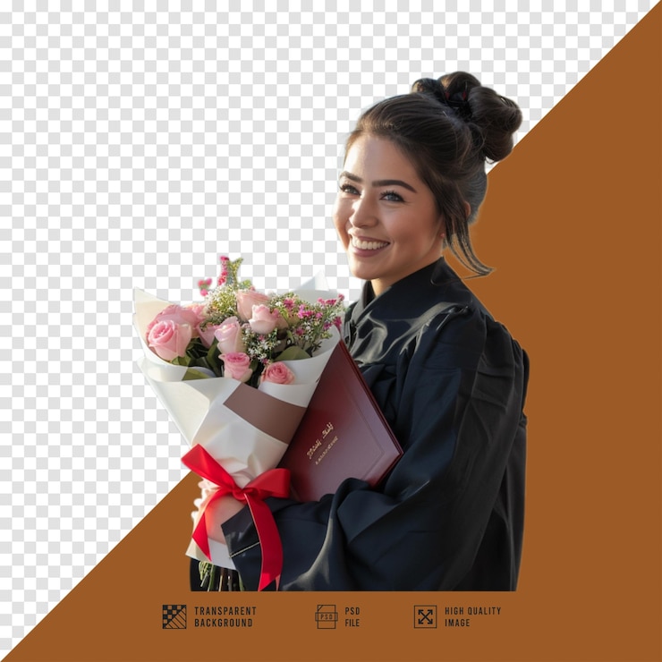 PSD una mujer con un vestido de graduación y llevando flores sin fondo calidad hd