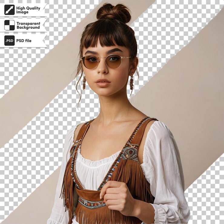PSD una mujer con un vestido marrón con una tapa marrón y blanca y una foto en blanco y negro de su cara