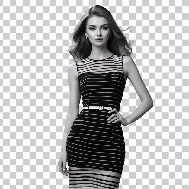 una mujer con un vestido que dice "leche" en la parte inferior