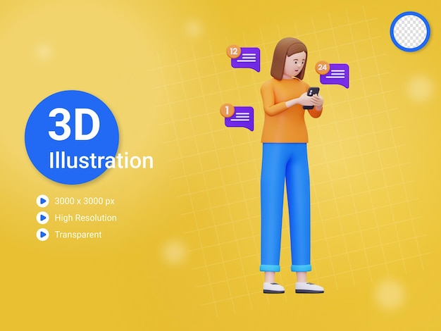 PSD las mujeres 3d están recibiendo muchas notificaciones de mensajes entrantes.