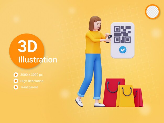 Las mujeres 3d pagan ilustración de compras sin efectivo