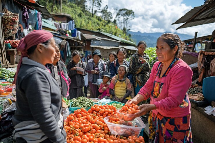 PSD mujeres en un bullicioso mercado regateando productos frescos