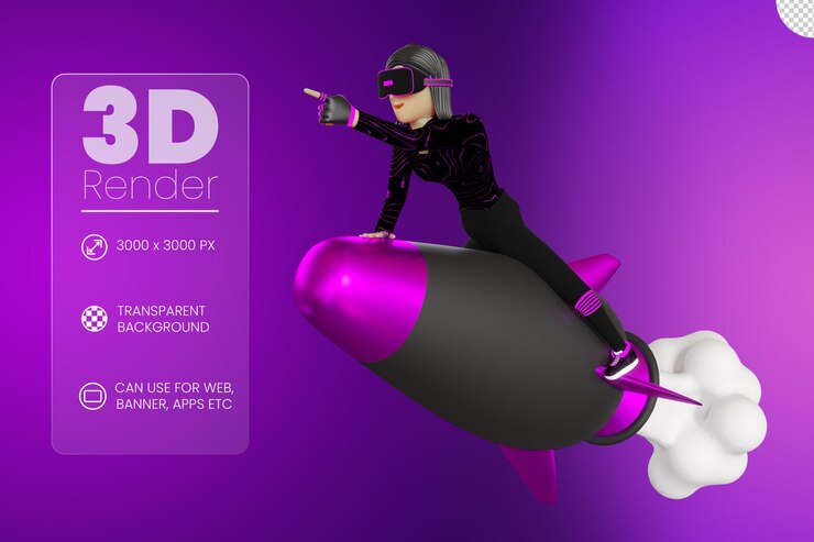 PSD mujeres en un cohete con un dispositivo de realidad virtual metaverso