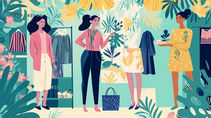 PSD mujeres comprando ropa en una boutique de moda rodeada de exuberantes plantas tropicales
