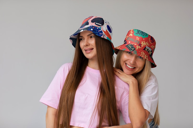 PSD mujeres con elegante diseño de maqueta de sombreros de cubo