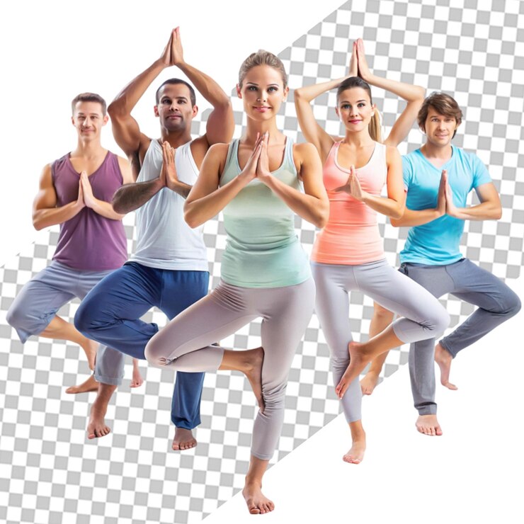 PSD mujeres haciendo yoga contra un fondo transparente