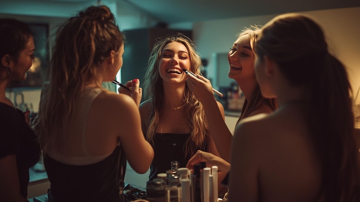PSD mujeres jóvenes felices aplicando maquillaje juntas en casa