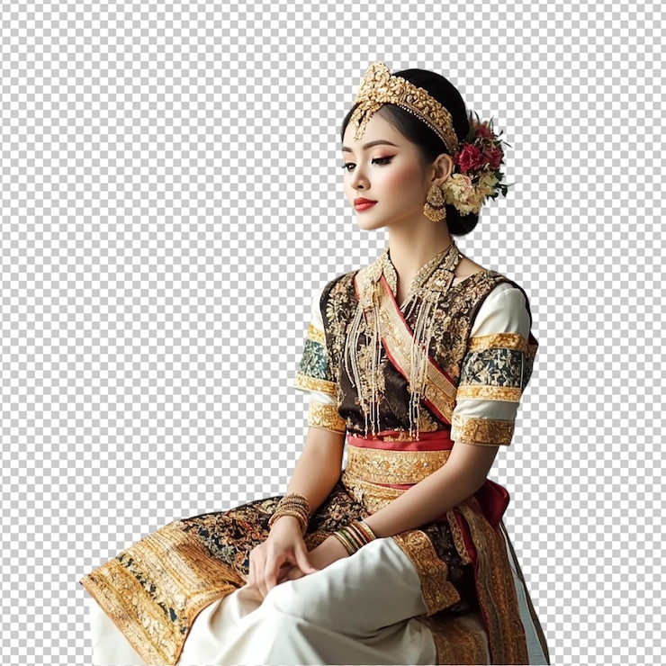PSD mujeres jóvenes vestidas con trajes tradicionales sobre un fondo transparente