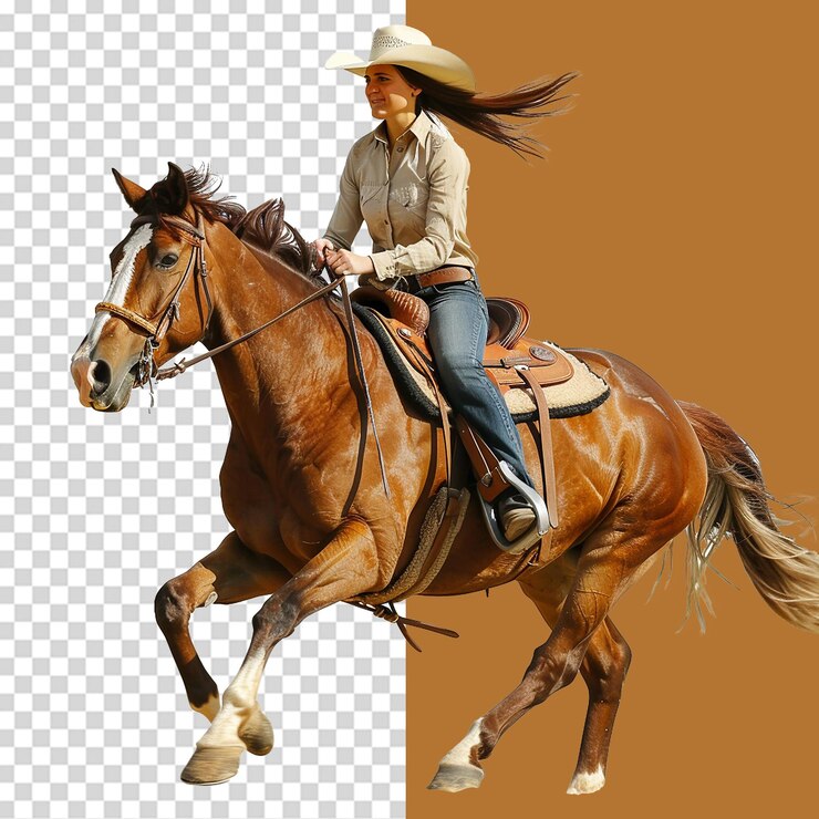 PSD mujeres montando un caballo aisladas en un fondo transparente