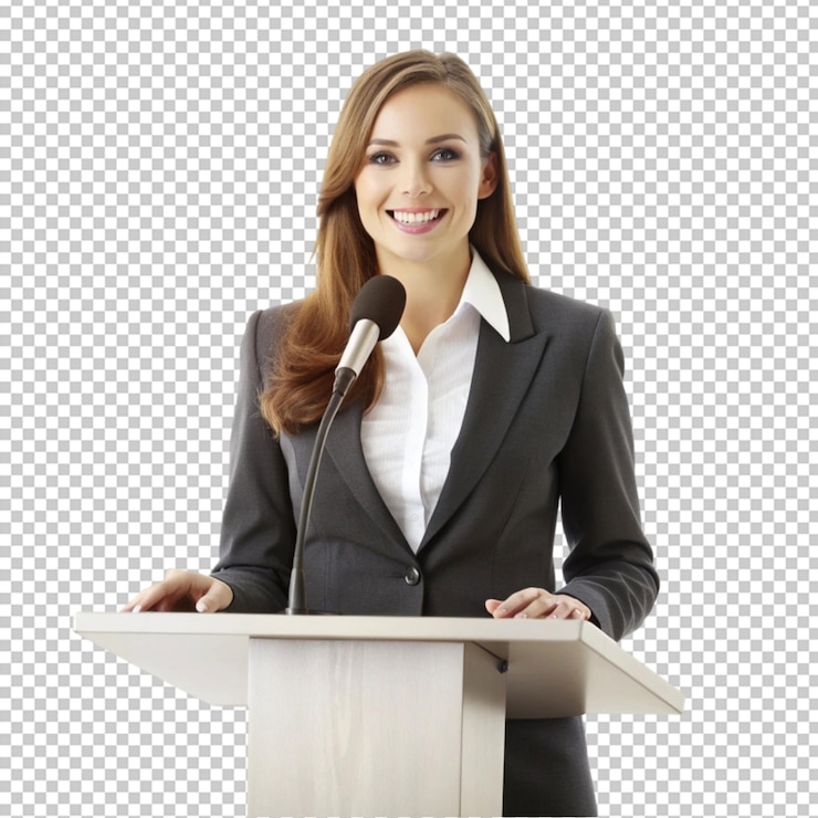 PSD mujeres de negocios con micrófono aisladas sobre un fondo transparente.