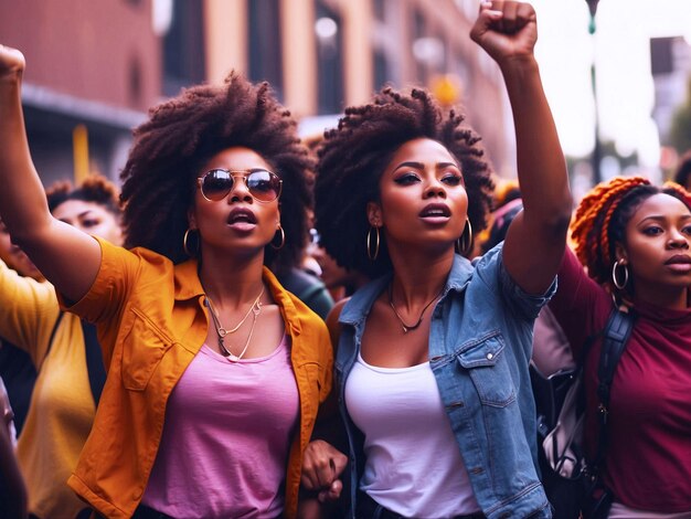 PSD las mujeres negras marchan juntas en protesta armas y puños levantados en el activismo en la comunidad