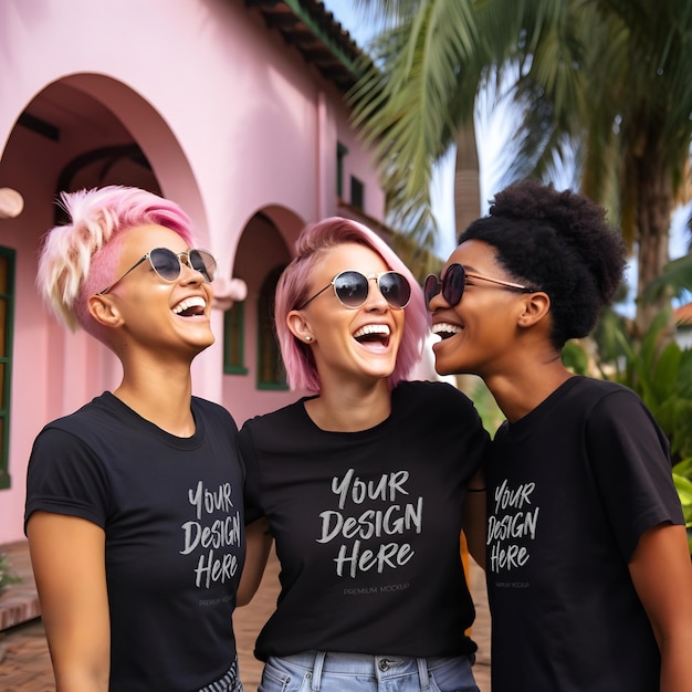 PSD mujeres de noche en camiseta negra con damas que llevan camisetas a juego para la fiesta de soltera