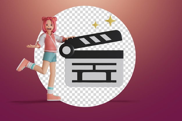 Mujeres y pizarra de cine 3D Render ilustración