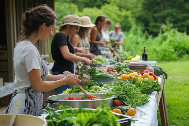 Mujeres preparando una comida al aire libre con verduras frescas