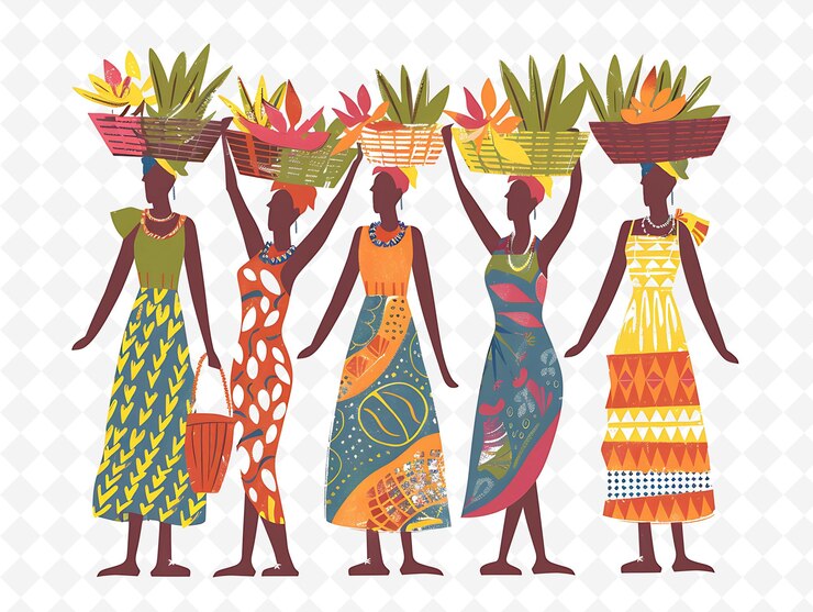 PSD mujeres que llevan cestas en sus cabezas en malí el diseño es elegante ilustración vista del paisaje cultural