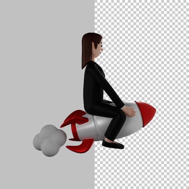 Las mujeres en ropa formal montan un personaje de render 3d de cohete