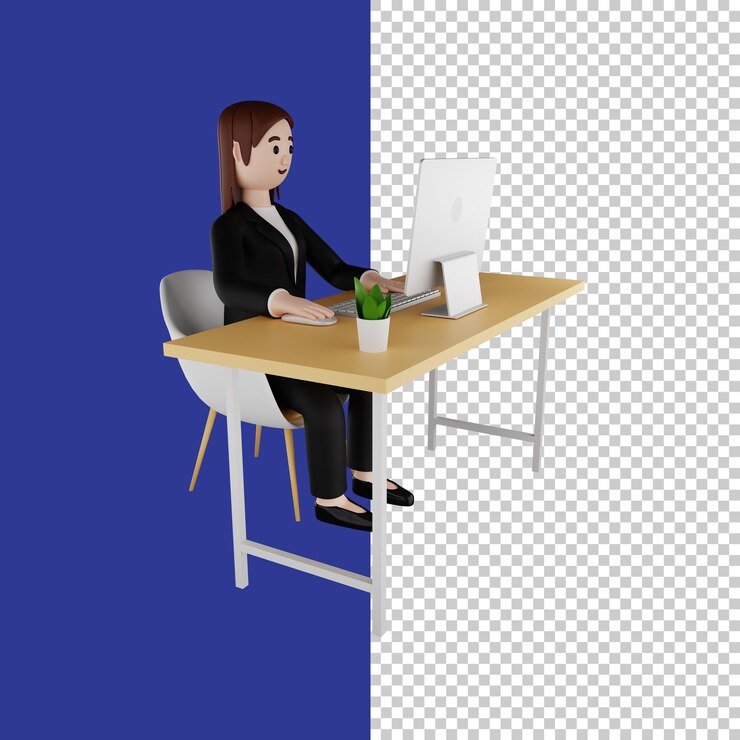 Mujeres en ropa formal sentadas frente a un personaje de render 3d de computadora