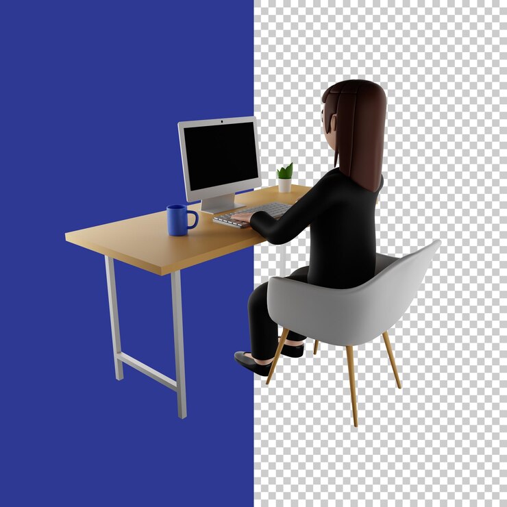 Mujeres en ropa formal sentadas frente a un personaje de render 3d de computadora