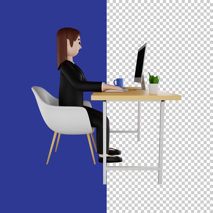 Mujeres en ropa formal sentadas frente a un personaje de render 3d de computadora