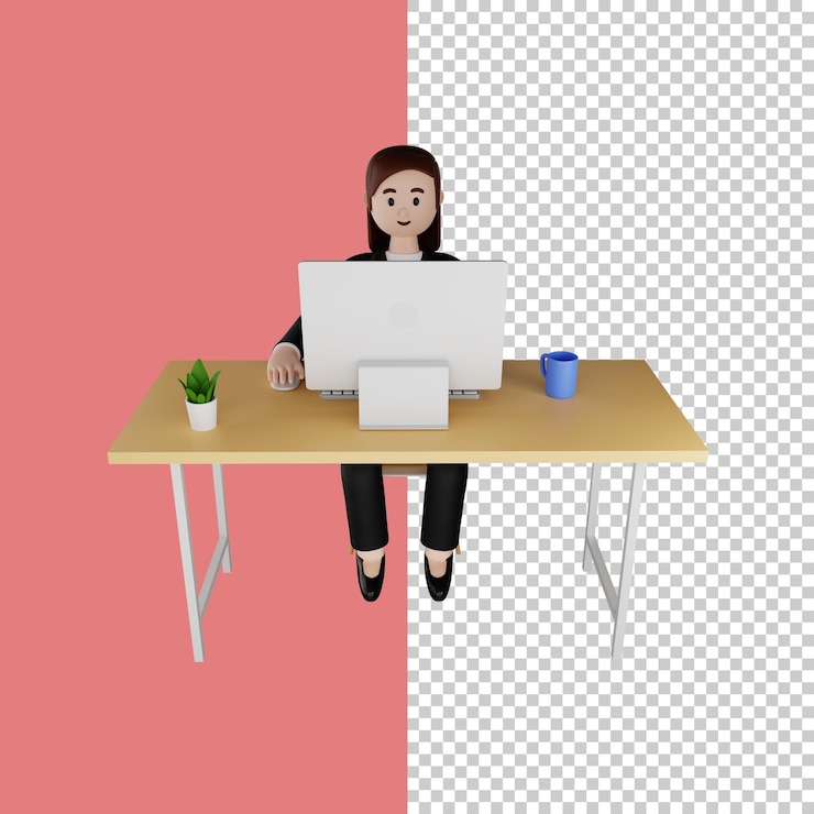 PSD mujeres en ropa formal sentadas frente a un personaje de render 3d de computadora